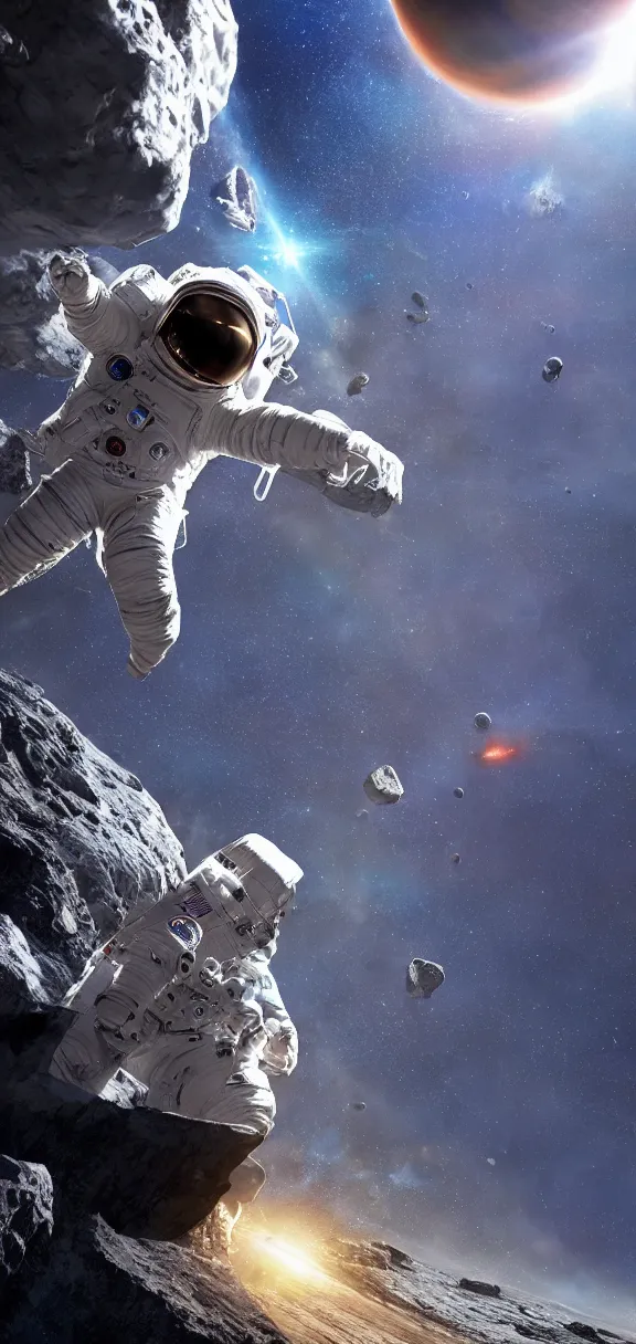 Image similar to photo of 8k ultra realistic astronaut riding asteroids, nasa, clear sky, full of colour, cinematic lighting, battered, trending on artstation, 4k, hyperrealistic, focused, extreme details,unreal engine 5, cinematic, masterpiece, art by Robert McCall