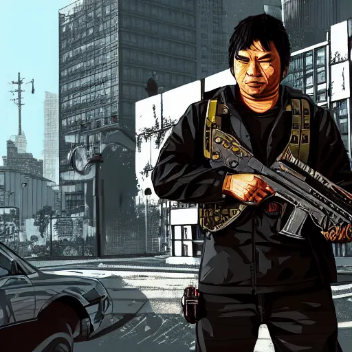 Prompt: satoshi nakomoto in the gta v loading screen, detailed faces wide angle shot, city background, vector art illustration, gears of war cell shaded illustration, gta 5 artwork masterpiece, 4 k, art by stephen bliss