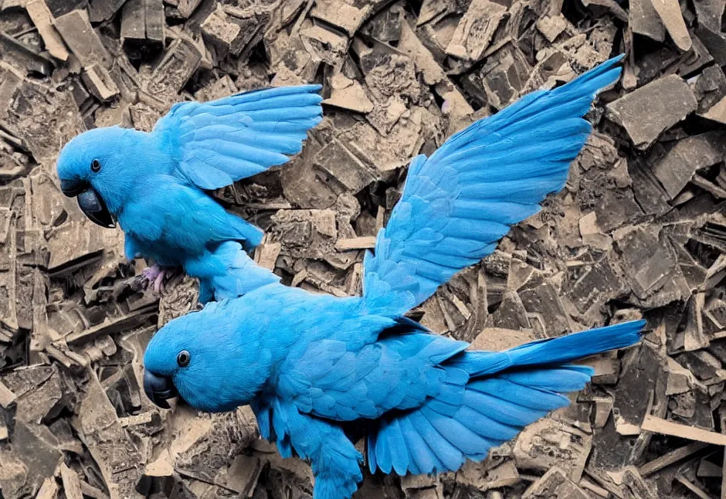 Prompt: giant blue Parrotlet destroying city in rage, rampage, destruction, apocalypse