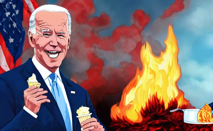 Prompt: joe biden eating an ice cream with the whitehouse in flames behind him artwork by greg rutowski and brom, 4 k, masterpiece