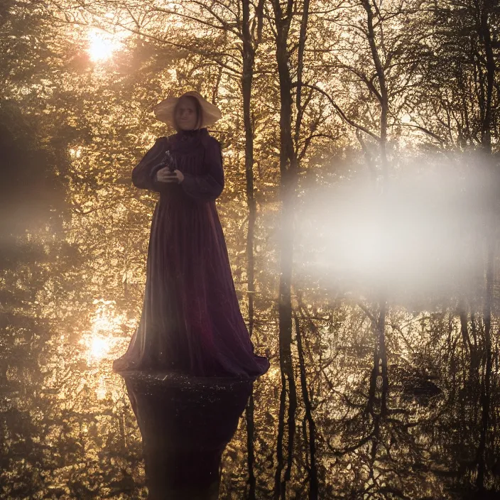 Prompt: a closeup portrait of a woman wrapped in plastic, standing next to a giant huge levitating copper orb, in a foggy pond, golden hour, color photograph, by jan van eyck, canon eos c 3 0 0, ƒ 1. 8, 3 5 mm, 8 k, medium - format print