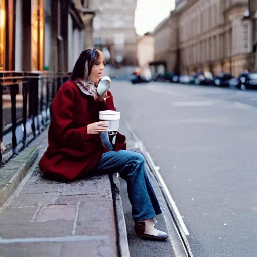 Prompt: a model drinking coffee on a dusky street in london. mju 2, 3 5 mm porta 4 0 0 film.