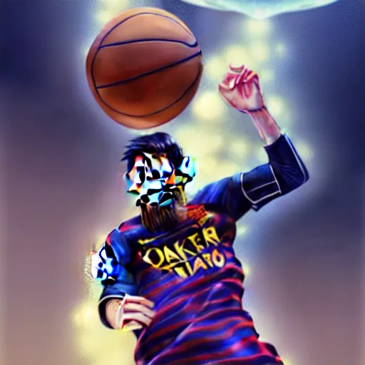 Image similar to Messi dunking a basketball, NBA, D&D style, fantasy, intricate, elegant, highly detailed, digital painting, artstation, concept art, matte, sharp focus, illustration, art by Artgerm and Greg Rutkowski and Alphonse Mucha