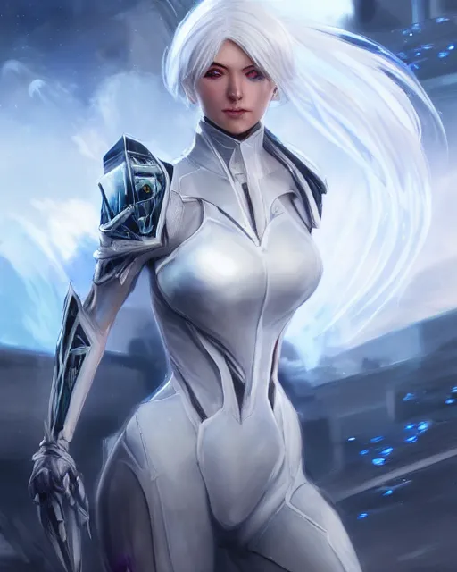 Image similar to perfect white haired girl, warframe armor, beautiful, pretty face, blue eyes, detailed, windy weather, scifi, platform, laboratory, experiment, 4 k, ultra realistic, epic lighting, high detail, masterpiece, by akihito tsukushi, charlie bowater, ross tran