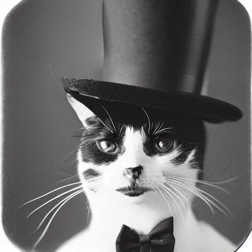 Prompt: studio photograph of a black and white cat with a tophat