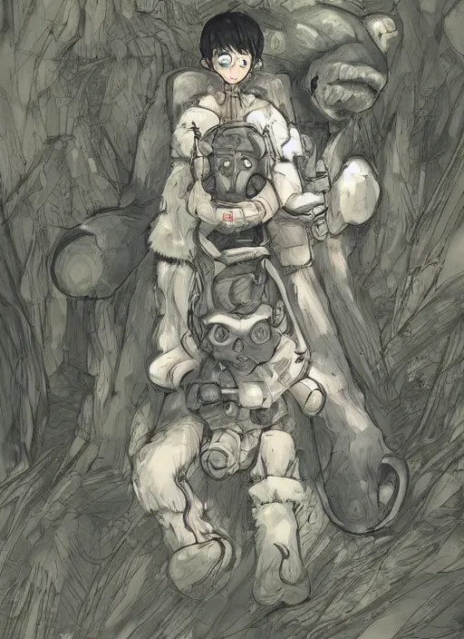 Image similar to beautiful little boy wearing an cyborg bear suit, artwork in kentaro miura and made in abyss and rosdraws, smooth, beautiful lightness, anatomically correct, trending on pixiv, forest