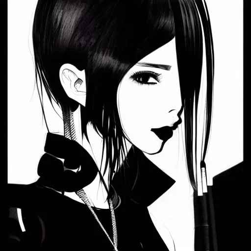 Image similar to an ink drawing of a tech punk girl by ilya kuvshinov, black and white