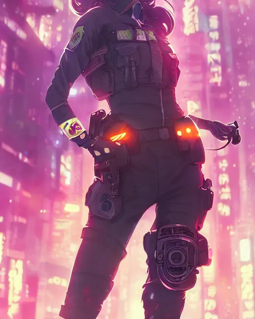 Image similar to anime key visual of a cat lady police officer, neon, cyberpunk, futuristic, stunning, highly detailed, digital painting, artstation, smooth, soft focus, illustration, art by artgerm and greg rutkowski and alphonse mucha