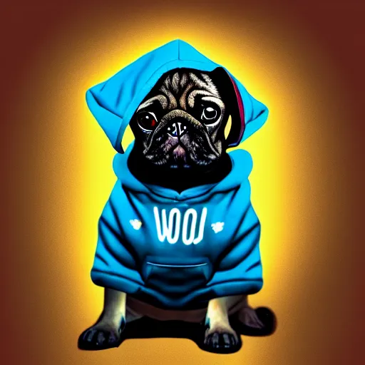 Prompt: a sad pug wearing a hoodie, the word ( sad ) is written on the hoodie in upper case letters, typography, digital art, synthwave style, trending on artstation, matte painting