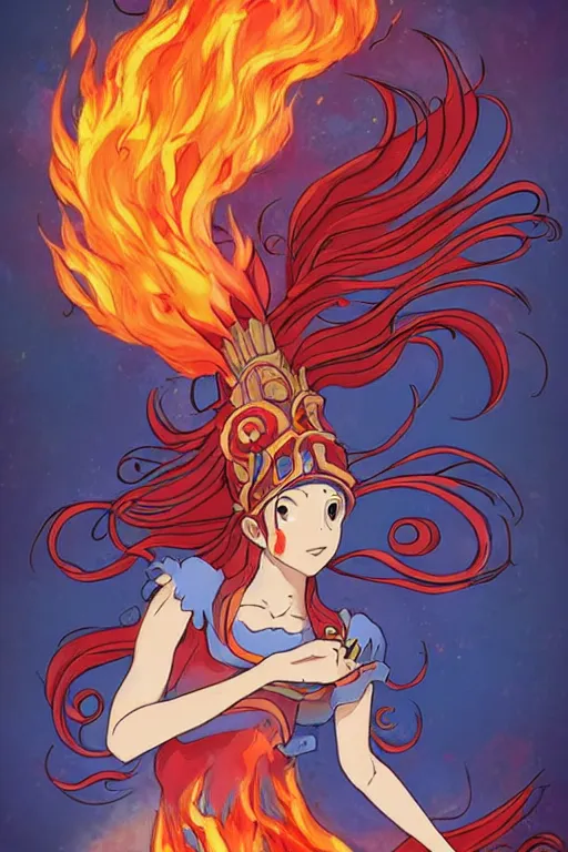 Image similar to beautiful goddess of fire stands in her power, in the style of studio ghibli