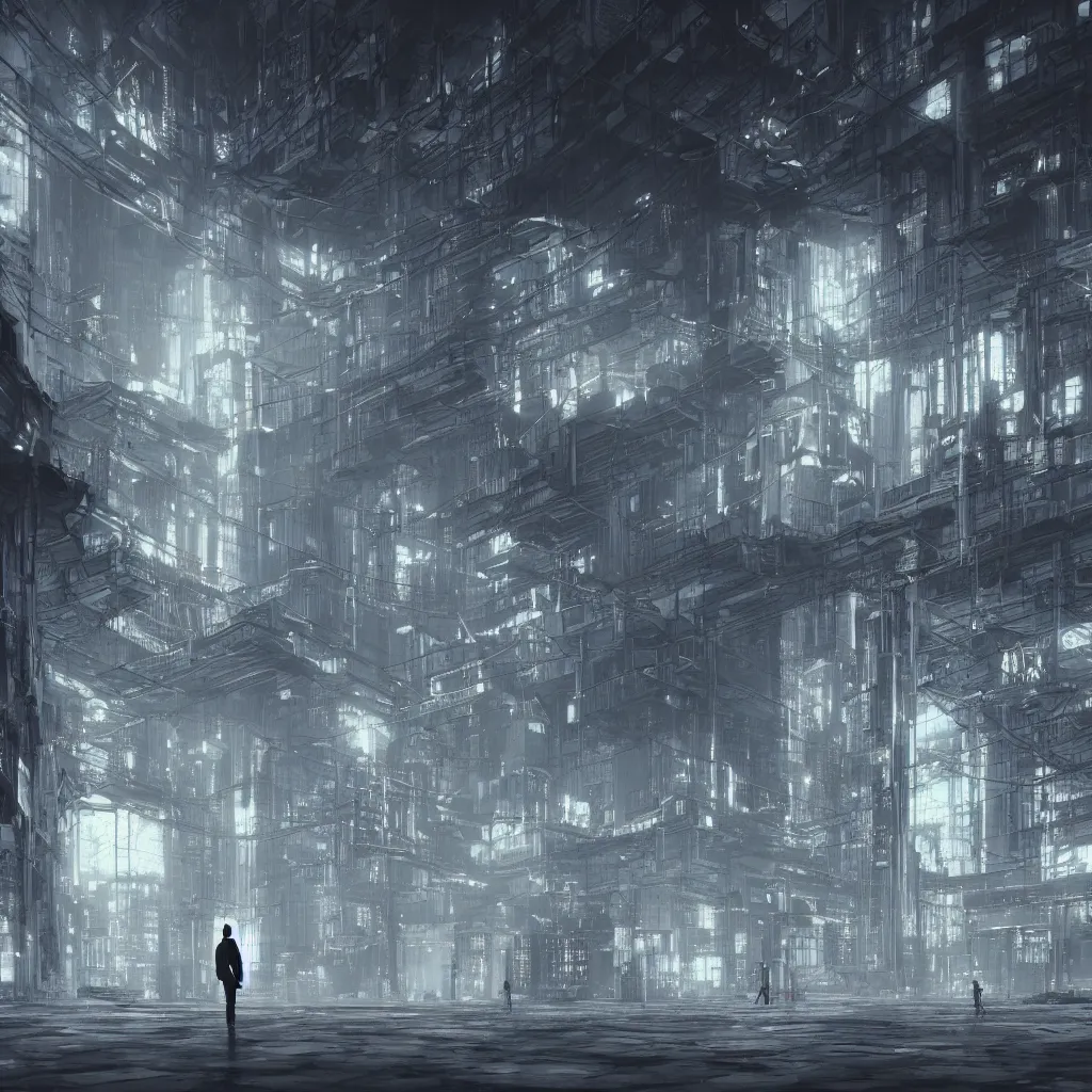 Prompt: lonely stranger inside a hall of monumental cyberpunk industrial factory megacomplex; by tsutomi nihei; hyperrealistic, 4K wallpaper, highly detailed