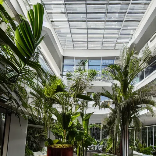 Image similar to The atrium of a contemporary building filled with tropical plants, dramatic light, 4k