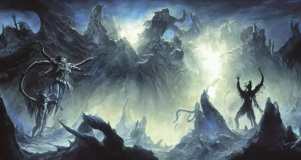 Image similar to concept art of the supernal realm'the primal wild'from the modern supernatural arcane magical thriller tabletop rpg'mage : the awakening ', by david mattingly and alan lee and michael whelan and michael william kaluta and francisco goya. realistic 8 k matte painting with photorealistic hd lighting.
