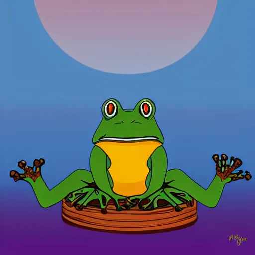 Image similar to king frog on a throne in beautiful mountains watching a sunset, digital art