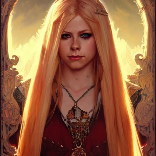 Prompt: Avril Lavigne as a Blood Elf, western, D&D, fantasy, intricate, elegant, highly detailed, digital painting, artstation, concept art, matte, sharp focus, illustration, art by Artgerm and Greg Rutkowski and Alphonse Mucha