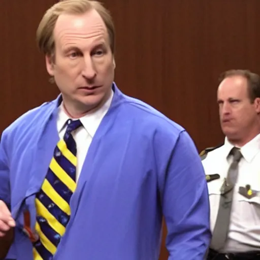 Image similar to bob odenkirk dressed as a minion in court