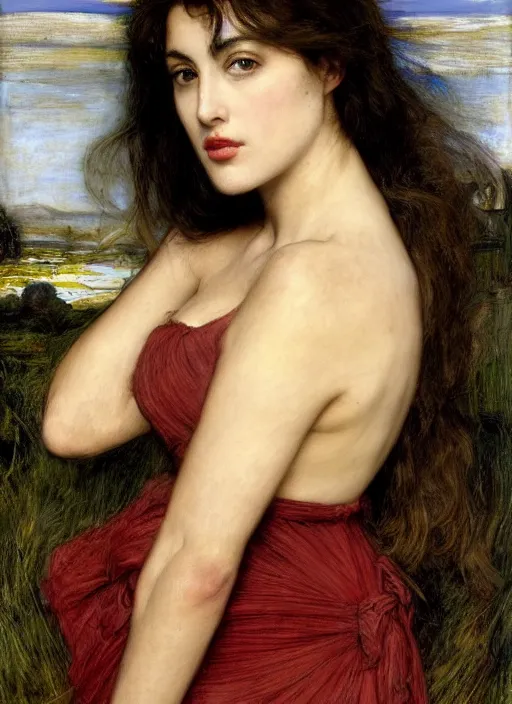 Image similar to a beautiful painting of monica bellucci by John Everett Millais and Dante Gabriel Rossetti and John Collier and john william waterhouse, pre-raphaelite, detailed, trending on artstation, hd, masterpiece