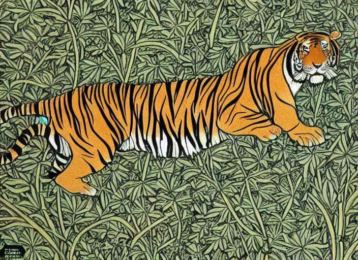 Image similar to a tiger in the centella asiatica in android jones and william morris style