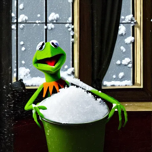 Image similar to Kermit the frog sits as it snows in the interior of a bourgeoise room, Still life with snow.