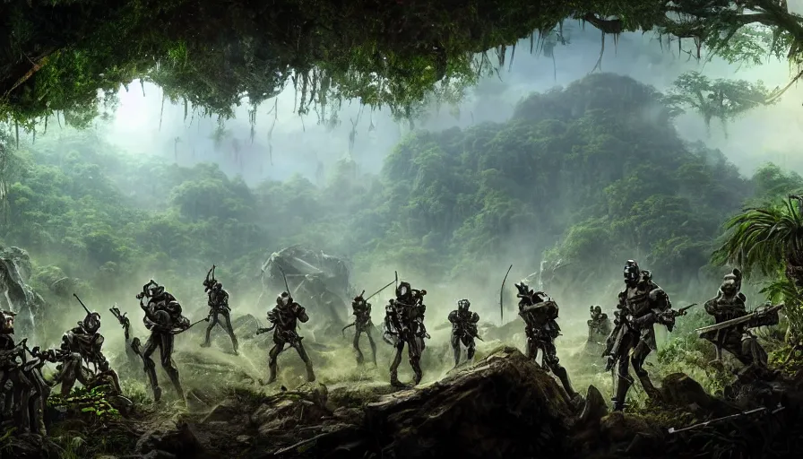 Prompt: a beautiful highly detailed matte painting of a band of mercenaries finding a robot in a dense jungle underground