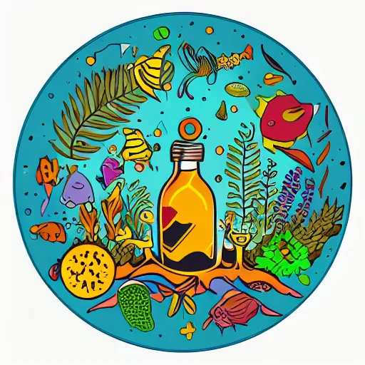 Image similar to Ecosystem in a bottle, sticker, highly detailed, colorful, illustration, drama, smooth and clean vector curves, no jagged lines, vector art, smooth