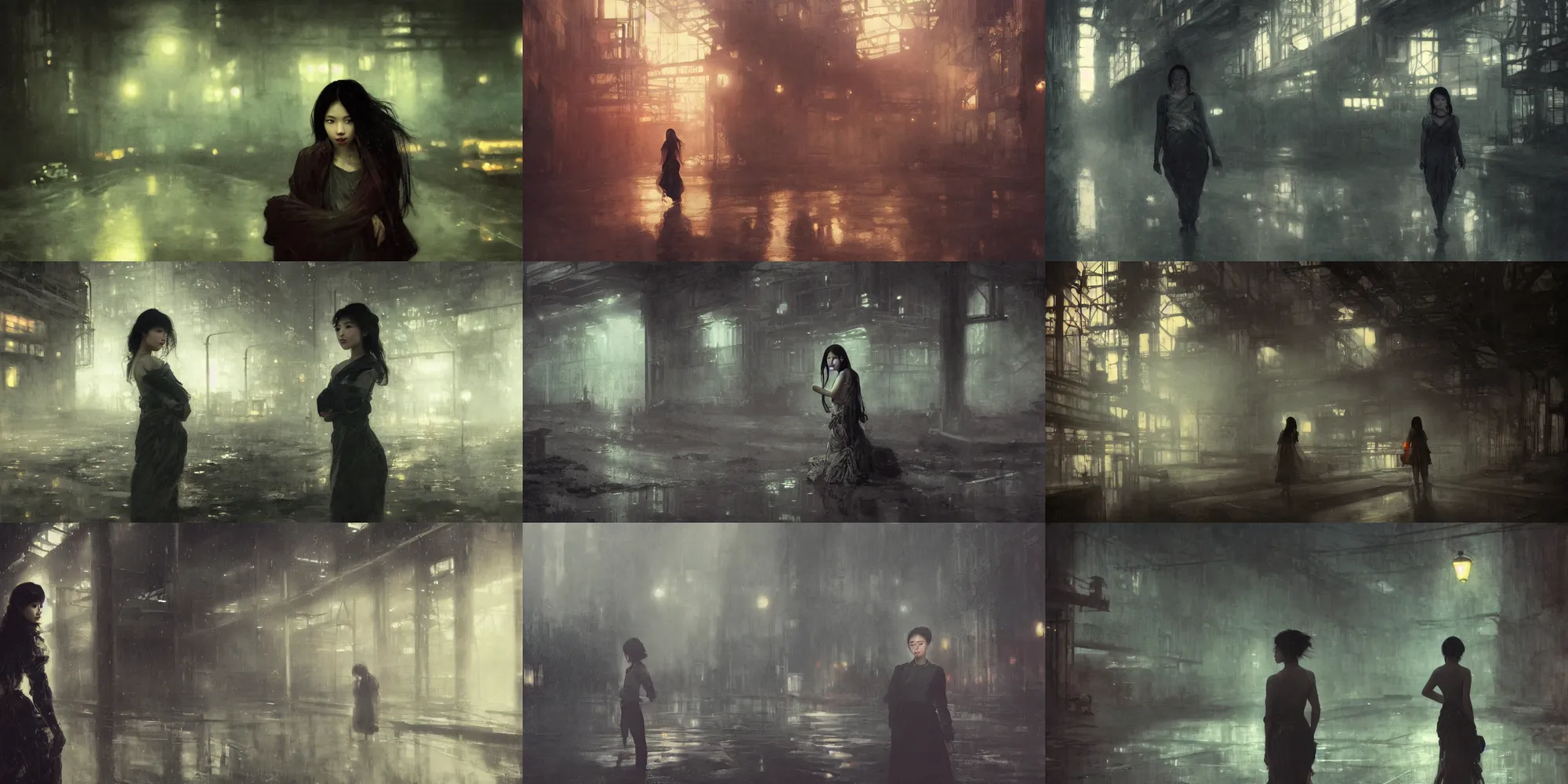 Prompt: a beautiful young asian woman in hazy abandoned industrial city at night, dark moody lighting, by jeremy mann and alphonse mucha, dramatic lighting, ethereal, stunning, breathtaking, awe - inspiring award - winning, 8 k