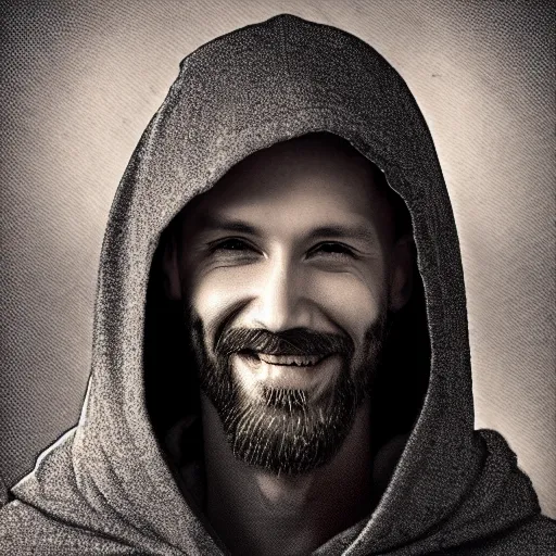 Prompt: 4 0 years old man, skinny, slim, friendly, smiling, happy : : goatee beard : : hooded cloak : : medieval city, night, dark, grim, high detail, digital art, rpg, illustration