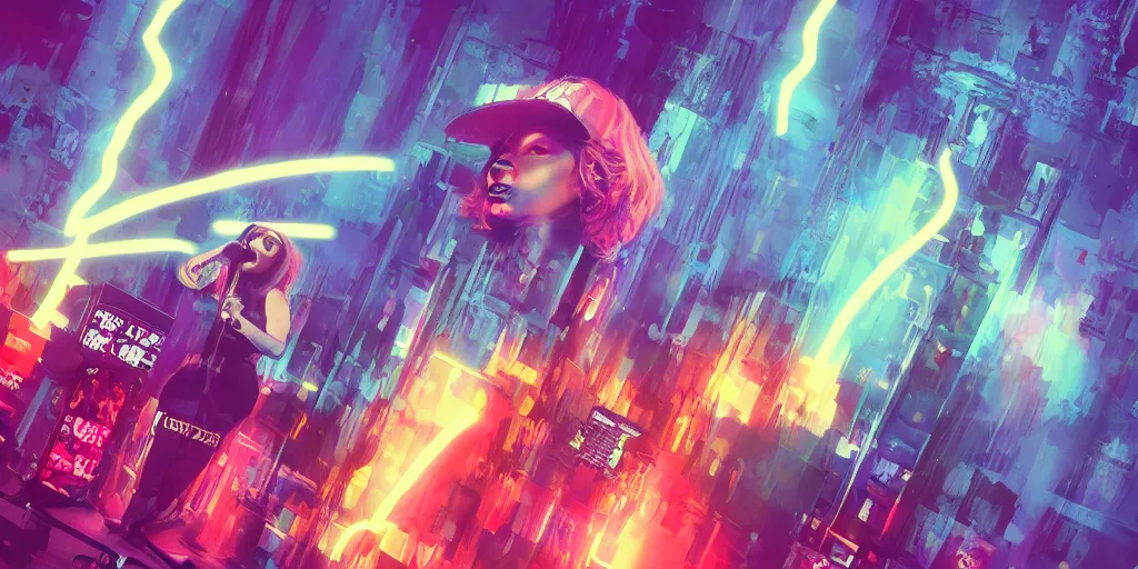 Prompt: Lightning storm while lady rapper performs on stage, digital art, vapor wave, hip hop, blade runner, trending on Artstation, professional artist, detailed, 4k