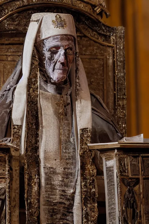 Image similar to mummified pope in his throne at the vatican, desiccated, close - up portrait, tall pontiff hat, mitre, dark, moody, ornate, hyper realistic, sharp focus, highly detailed