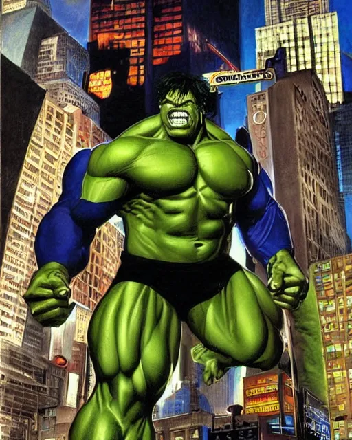 Image similar to a portrait of the incredible hulk looking angry in new york city by alex ross dramatic lighting.