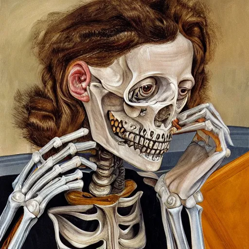 Image similar to high quality high detail painting by lucian freud, hd, woman with mech skeleton