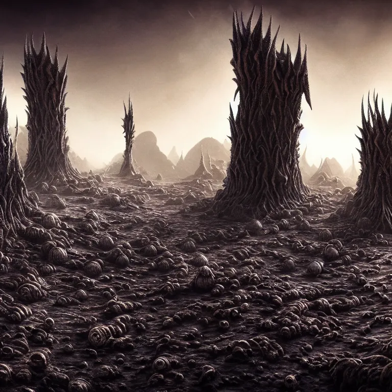 Image similar to ribbed surreal abandoned alien temple on exoplanet, covered with spikes, in a desolate empty wasteland, creepy, nightmare, dream-like heavy atmosphere, surreal abandoned buildings, beautiful detailed intricate insanely detailed octane render trending on Artstation, 8K artistic photography, photorealistic, chiaroscuro, Raphael, Caravaggio, Beksinski, Giger
