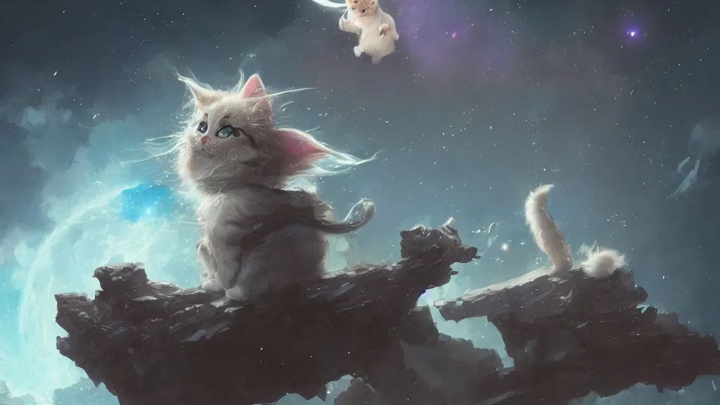 Prompt: a single cartoonish kitten dressed as Gandalf floating in space, bright stars, anime, a fantasy digital painting by Greg Rutkowski and James Gurney, trending on Artstation, highly detailed