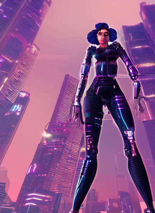 Image similar to a synthwave style style cyborg girl in a futuristic city