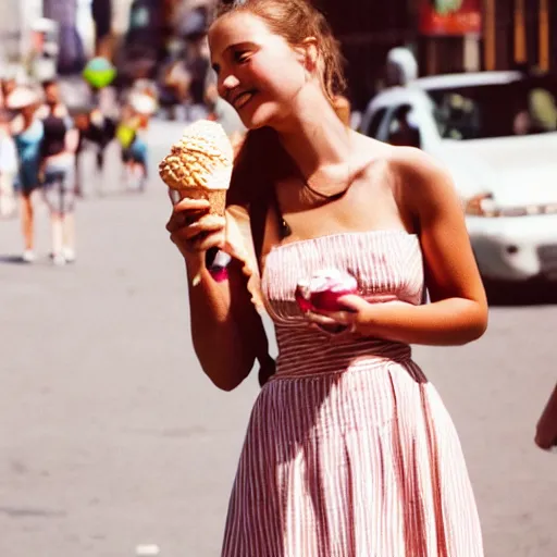 Image similar to a film photo of a pretty young woman, 26, wearing summer clothes, holding an ice cream cone on a hot summer's day in New York City