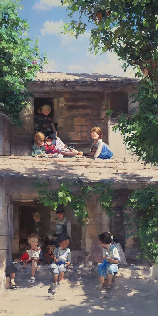 Image similar to Painting of children resting in the shade of a patio in a rural village by Cushart Krenz