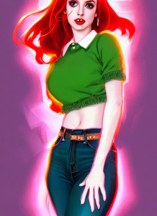 Image similar to full body portrait of teenage cheryl blossom, bangs, green eyes, mischievous expression, red hair, sultry smirk, bangs and wavy hair, 1 9 8 0 s, intricate, elegant, glowing lights, highly detailed, digital painting, artstation, concept art, smooth, sharp focus, illustration, art by wlop, mars ravelo and greg rutkowski