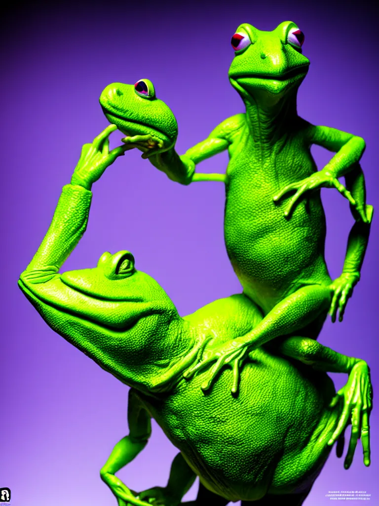 Image similar to hyperrealistic rendering, shiny wet kermit by art of skinner and richard corben and jeff easley, product photography, action figure, sofubi, studio lighting, colored gels, rimlight, backlight