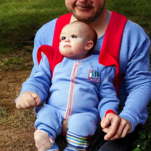 Prompt: A photo of a man wearing baby clothing.