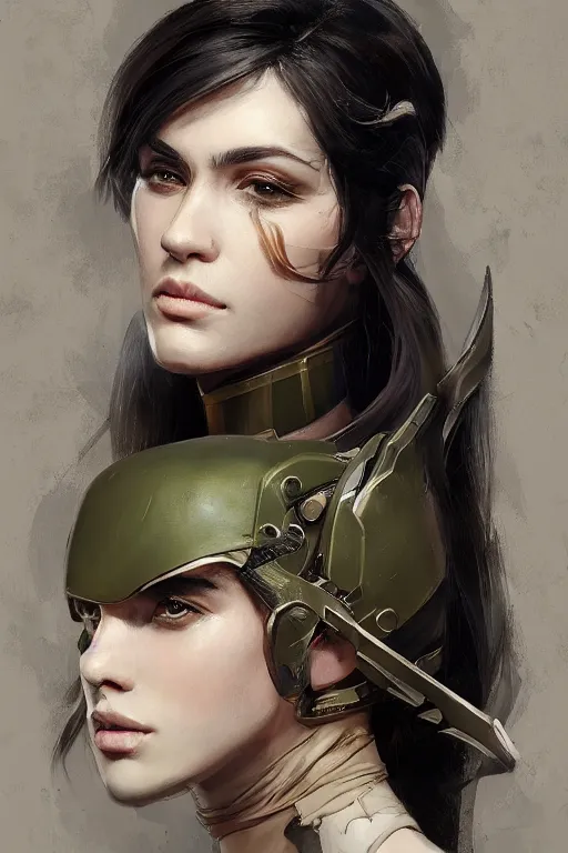 Image similar to a professionally painted portrait of an attractive young woman, clothed in military armor, olive skin, long dark hair, beautiful bone structure, symmetrical facial features, intricate, elegant, digital painting, trending on Artstation, concept art, smooth, sharp focus, illustration, from Metal Gear by Ruan Jia and Mandy Jurgens and Artgerm and William-Adolphe Bouguerea, award winning