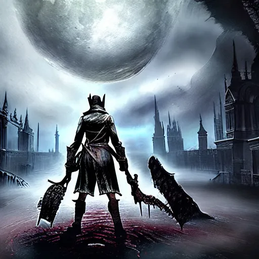 Image similar to bloodborne concept art, 4 k, painterly, large moon