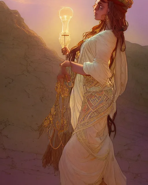 Image similar to bedouin in the desert, highly detailed, gold filigree, romantic storybook fantasy, soft cinematic lighting, award, disney concept art watercolor illustration by mandy jurgens and alphonse mucha and alena aenami, pastel color palette, featured on artstation