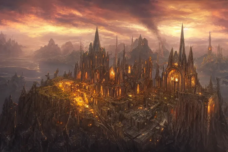 Image similar to high aerial shot, fantasy landscape, sunset lighting ominous shadows, cinematic fantasy painting, dungeons and dragons, a port city, harbor, bay, with an elvish cathedral inspired by the syndey opera house by jessica rossier and brian froud and hr giger