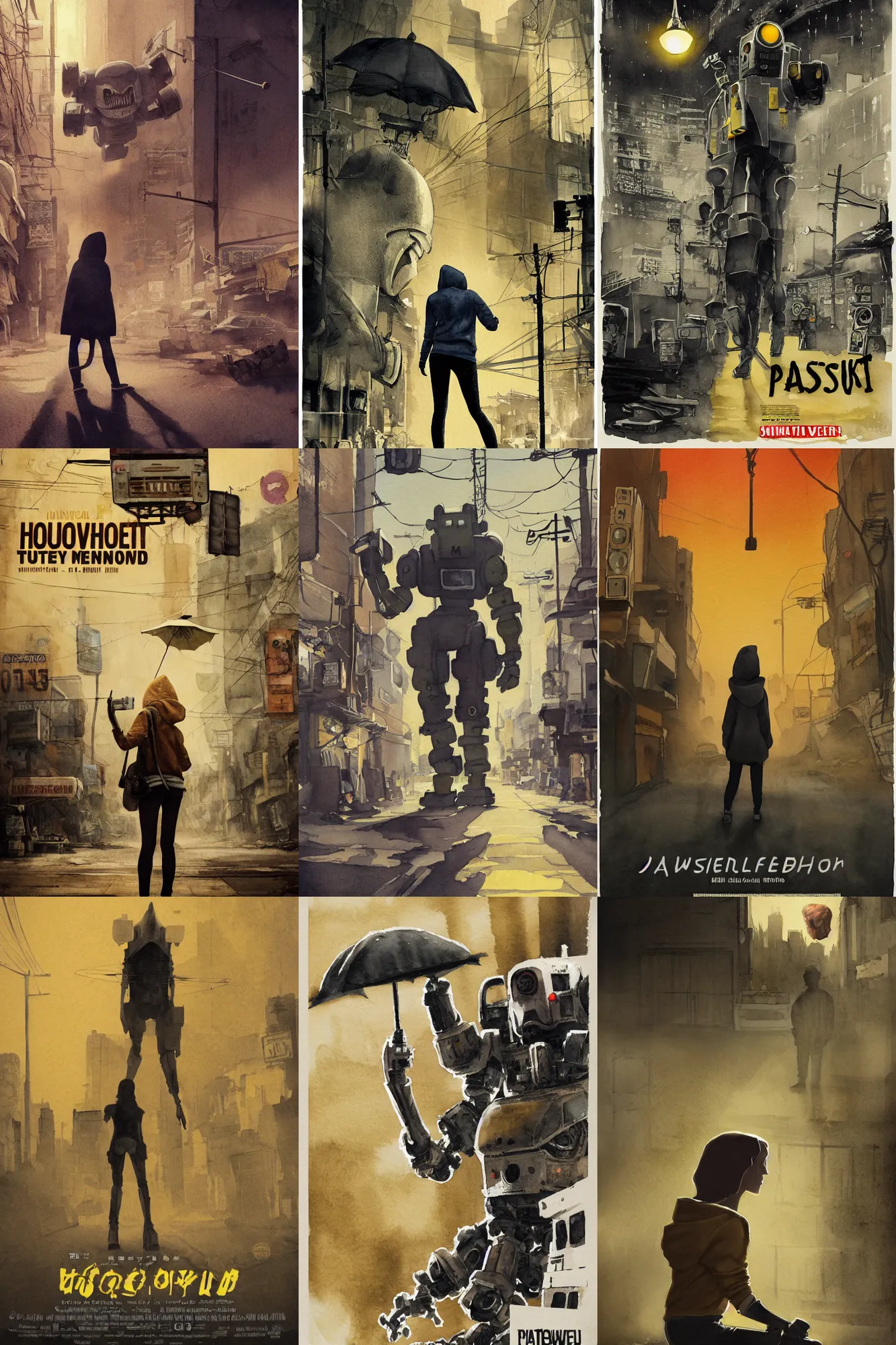 Prompt: incredible movie poster, simple watercolor, soft yellow lighting, paper texture, movie scene, distant shot of hoody girl side view sitting under a parasol in deserted dusty shinjuku junk town, old pawn shop, bright sun bleached ground , muscle robot monster lurks in the background, animatronic, black smoke, pale beige sky, junk tv, texture, strange, impossible, fur, spines, mouth, pipe brain, shell, brown mud, dust, overhead wires, telephone pole, dusty, dry, pencil marks hd, 4k, remaster, dynamic camera angle, deep 3 point perspective, fish eye, dynamic scene