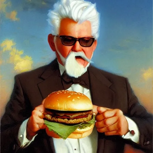 Image similar to bodybuilder colonel sanders eating a hamburger, highly detailed painting by gaston bussiere, craig mullins, j. c. leyendecker, 8 k