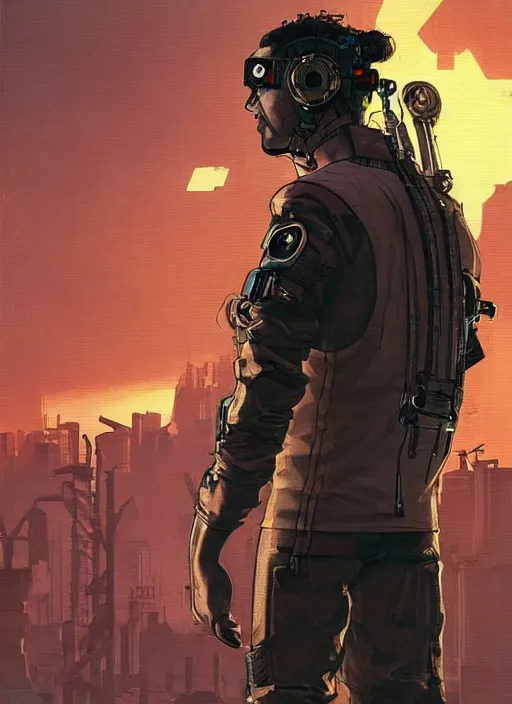 Prompt: Brave Vernon. Careful cyberpunk hacker wearing a cyberpunk headset, military vest, and jumpsuit. scarred face. Realistic Proportions. Concept art by James Gurney and Laurie Greasley. Moody Industrial skyline. ArtstationHQ. Creative character design for cyberpunk 2077.