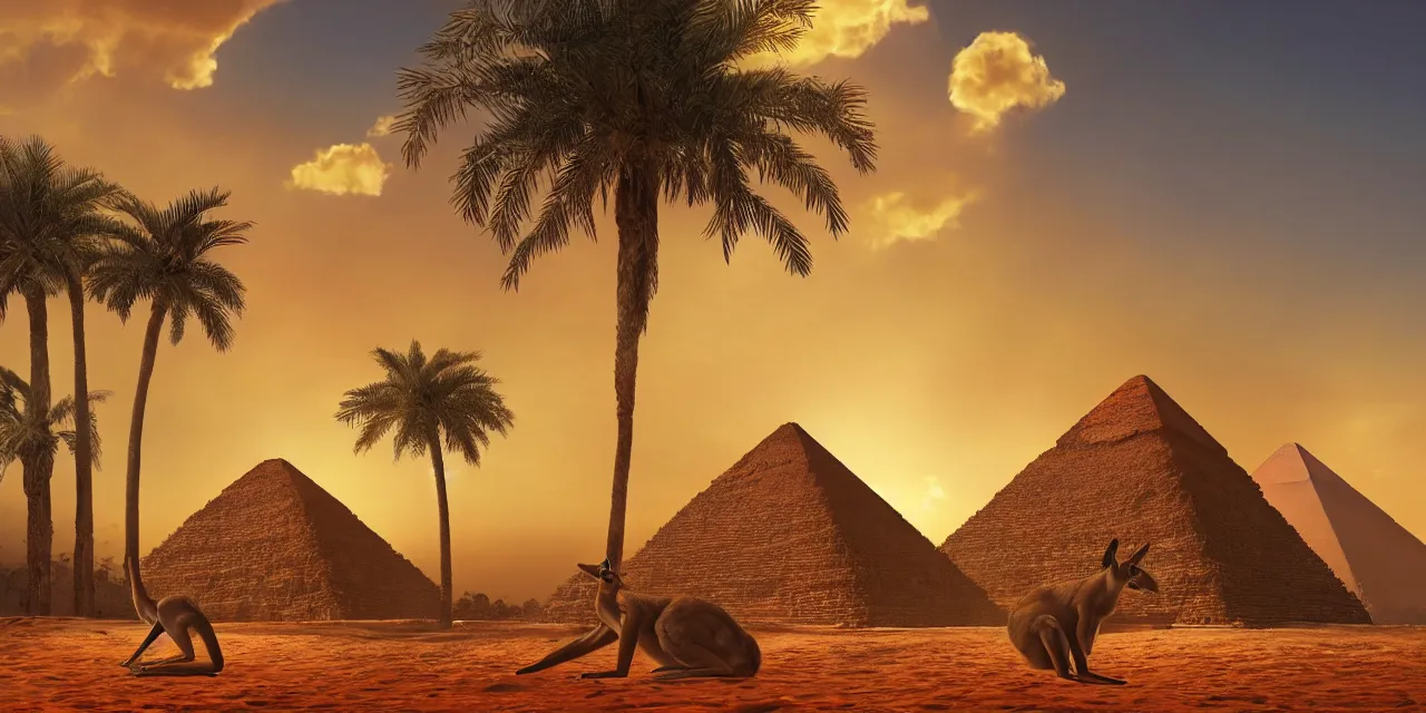 Prompt: a professional portrait, of an anthropomorphic kangaroo sitting outside of an ancient egyptian pyramid, tropical palm trees and eucalyptus trees everywhere, rocky desert cliffs in background, sunset, sunrays, cinematic lighting, ancient egyptian architecture buildings, detailed, artstation, omni magazine, orange sky,