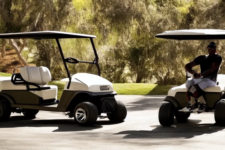 Prompt: dennis rodman driving a golf cart, movie still, from the new fast and furious movie, 8 k, hd, cinematic lighting