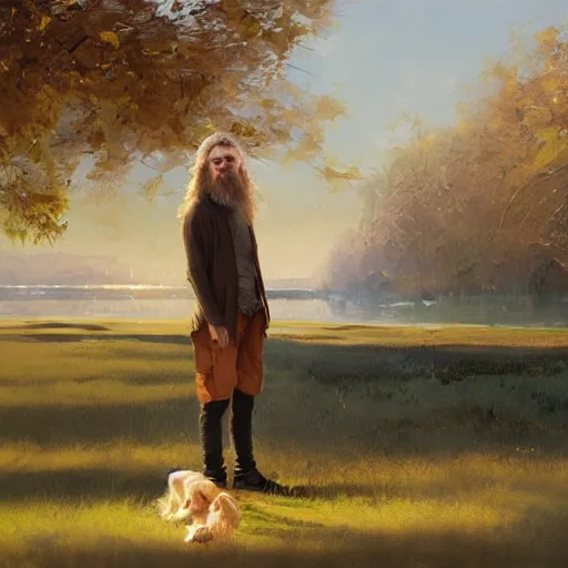 Image similar to oil painting of a young man with long hair blond and a beard hippie style painting on a golden retriever, people watching around, by greg rutkowski, artstation