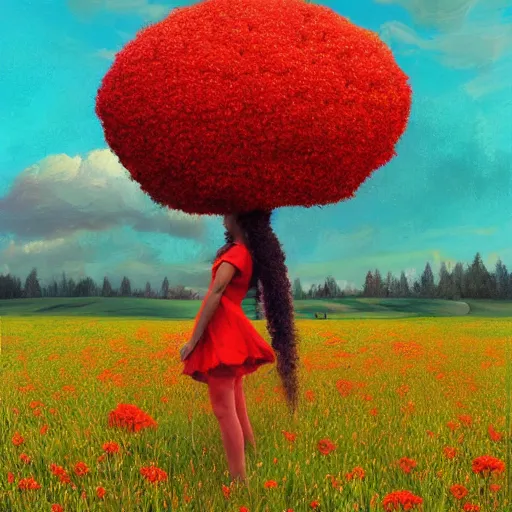 Image similar to giant red flower afro, girl standing in a field with flowers, surreal photography, hills, big trees, sunrise dramatic light, impressionist painting, colorful clouds, digital painting, pointillism, artstation, simon stalenhag